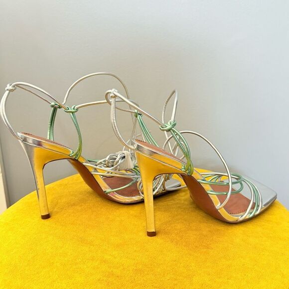 ASOS Nina Silver Mint Strappy Tie Leg Square Toe Sandal Heels Sz 8 - Picture 4 of 13